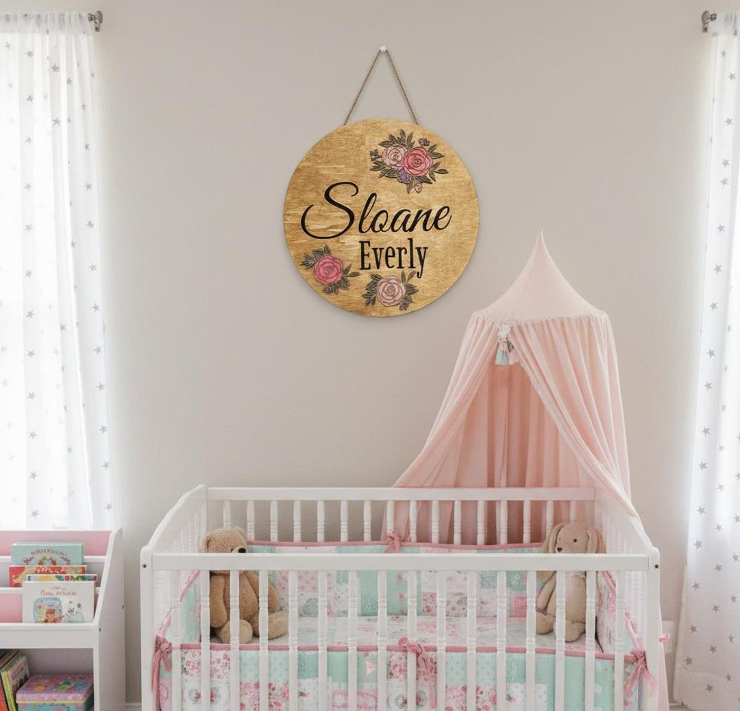 Personalized Wooden Nursery Name Sign With Floral Wreath Accent - Etsy
