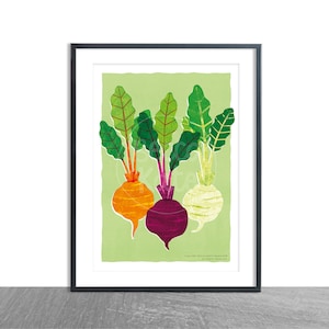 May include: A framed art print depicting three beetroot vegetables. The artwork shows an orange, purple, and white beetroot, each with green and red leaves. The background is a light green colour.