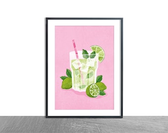 Mojito Art Print, Cocktail Artwork, A4, Mojito print, Cocktail Art Print, Mojito Cocktail, Mojito wall art, Mojito gift, bar cart art