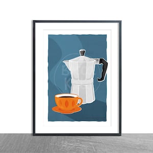 Coffee, Moka Pot, Kitchen Art Print, A4, Wall Art, Illustration, Home Decor, Mid Century, Poster, Coffee Gifts, Coffee Lovers Gift