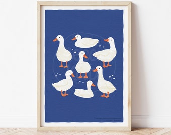 A3 Ducks on Navy Blue Art Print / Illustration Art Print / Goose / Housewarming Gift / Becca Kate Prints