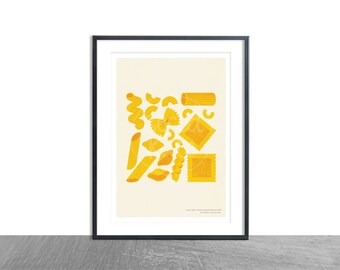 A4 Pasta Kitchen Art Print, Square Wall Art, Illustration, Home Decor, Bowtie Pasta, Colourful Art Print, Housewarming gift