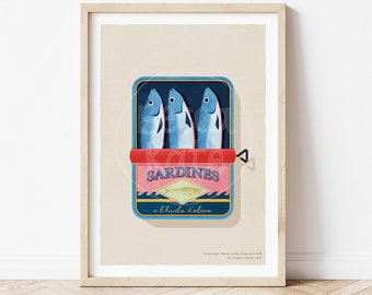 Sardines in a tin / Retro / Kitchen Art Print / A3 / Wall Art / Illustration / Home Decor/ Retro poster food art