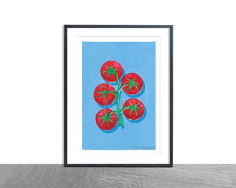 Tomato Print / Vine Tomatoes / Kitchen Art Print / A4 / Illustrated Food Fruit Decor / Home Decor / Colour wall art