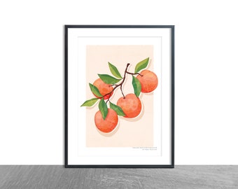 Peach Print, Kitchen Art Print, Peach Branch, A4, Wall Art, Illustration, Home Decor, Peachy