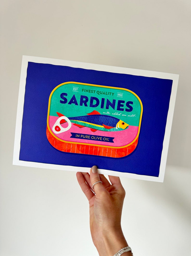 Sardines in a tin / Retro / Kitchen Art Print / A4 / Wall Art / Illustration / Home Decor/ Retro poster food art image 1