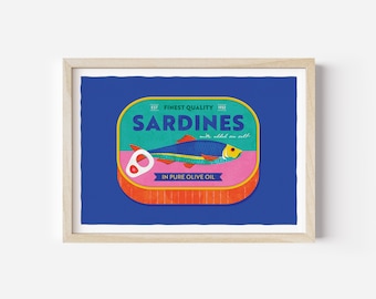 Sardine Tin / Kitchen Art Print / A3 / Wall Art / Illustration / Home Decor/ Retro poster food art