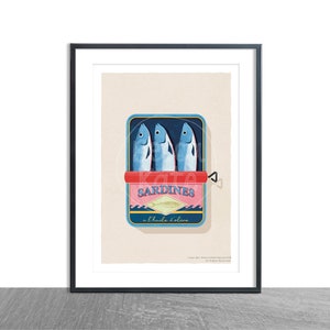 Sardines in a tin / Retro / Kitchen Art Print / A4 / Wall Art / Illustration / Home Decor/ Retro poster food art