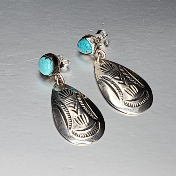 Vintage Stamped Earrings with Turquoise Stud - image 1