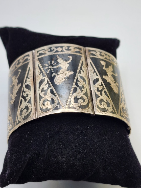 Antique Niello Silver Siamese Cuff Bracelet - image 1
