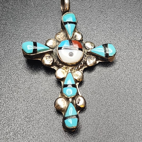 Signed Zuni Inlay Cross Pendant