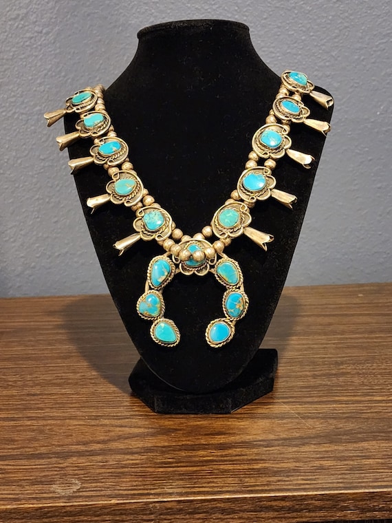 Jimmie Long Lone Mountain Spiderweb Turquoise Squash Blossom Necklace