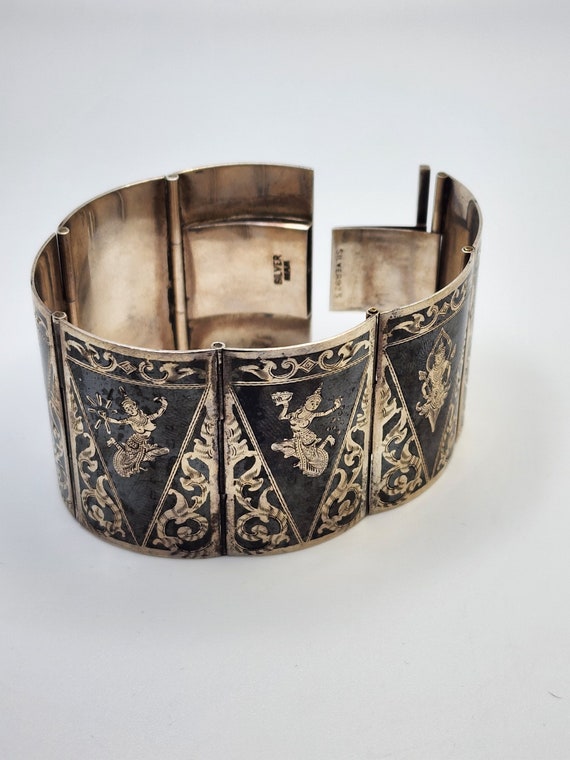 Antique Niello Silver Siamese Cuff Bracelet - image 2