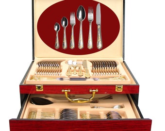 75-Piece "Mimosa" Flatware Silverware Set, Dining Service for 12, Premium 18/10 Stainless, 24K Gold-Plated Hostess Serving Set, Wood Case