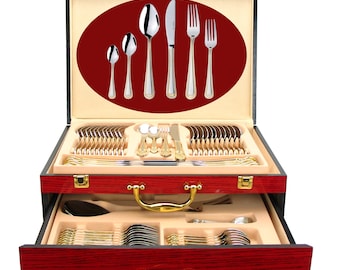75-Piece "Madison" Flatware Silverware Set, Dining Service for 12, Premium 18/10 Stainless, 24K Gold-Plated Hostess Serving Set, Wood Case