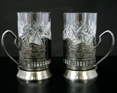 Set of 2 NEW Russian European Cut Crystal Tea Glasses 8.5 oz. w metal glass holders (podstakannik) suitable for hot cold liquids