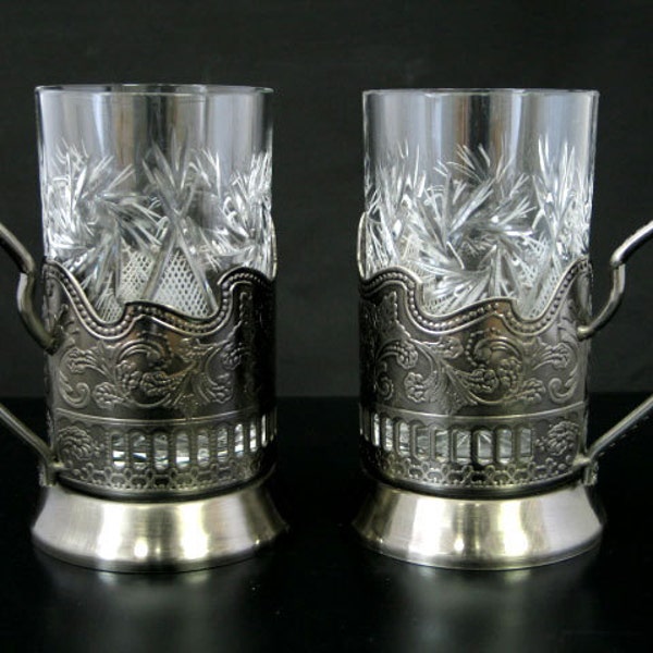 Set of 2 NEW  Russian European Cut Crystal Tea Glasses 8.5 oz. w/metal glass holders (podstakannik) suitable for hot/cold liquids