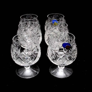 Russian European Cut Crystal Cognac Brandy Glasses Snifters 7 oz Hand Made Set of 6