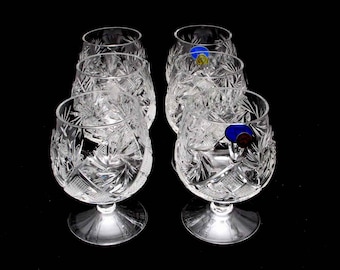 Russian European Cut Crystal Cognac Brandy Glasses Snifters 7 oz Hand Made Set of 6