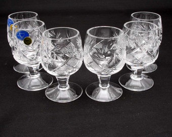 Set of 6 Russian Cut Crystal Shot Glasses on short stem 50 g/1.8 oz. for vodka, cognac. Hand made.