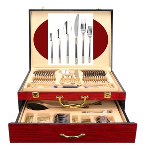 75-Piece "Venice" Flatware Silverware Set, Dining Service for 12, Premium 18/10 Stainless, 24K Gold-Plated Hostess Serving Set, Wood Case