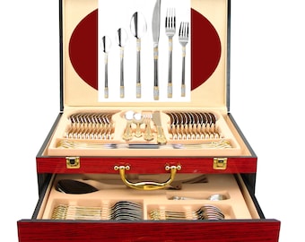 75-Piece "Venice" Flatware Silverware Set, Dining Service for 12, Premium 18/10 Stainless, 24K Gold-Plated Hostess Serving Set, Wood Case