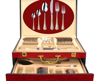 75-Piece "Miami" Flatware Silverware Set, Dining Service for 12, Premium 18/10 Stainless, 24K Gold-Plated Hostess Serving Set, Wood Case