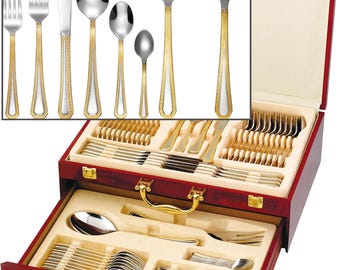 75-Piece Greek Key Flatware Silverware Set, Dining Service for 12, Premium 18/10 Stainless, 24K Gold-Plated Hostess Serving Set, Wood Case