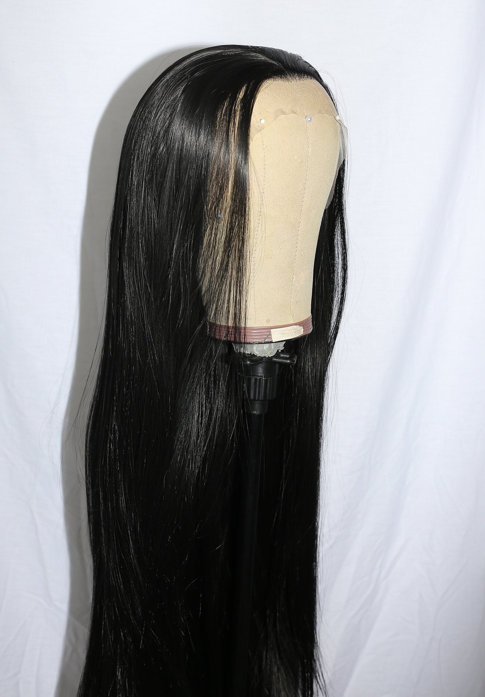 35インチのブラックレースフロントウィッグ：カスタムヘアライン