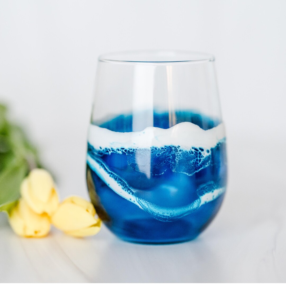 Hand Painted Stemless Wine Glass, Ocean Wave Design, Beach Themed Resin ...