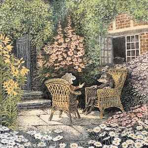 May include: Two animal characters, a frog and a badger, are seated in wicker chairs in a garden setting. The garden is filled with flowers and greenery, and there is a brick house in the background.