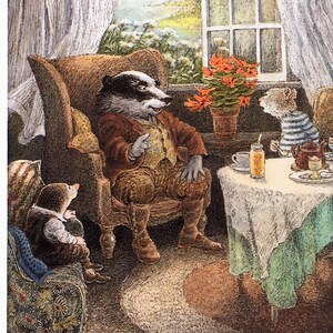 May include: A detailed illustration shows a badger in a brown armchair, engaged in conversation with a mouse and a mole. A table is set with tea and snacks. The scene is set in a room with a window overlooking a garden.