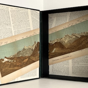 Könnte beinhalten: Ein ausgehöhltes Buch mit schwarzem Einband, dessen Innenseiten mit altem Wörterbuchtext ausgekleidet sind. Eine Panorama-Illustration mit dem Titel Panorama vom Faulhorn ist im offenen Buch zu sehen und zeigt detaillierte Berggipfel in Brauntönen.