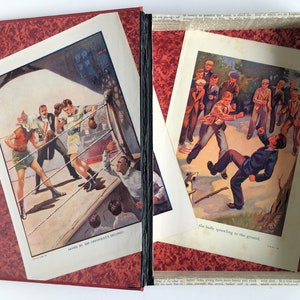 May include: Two vintage illustrations depicting boxing scenes. The first shows a boxer being saved by his opponent's second. The second shows a boxer being knocked down with the caption "the body sprawling to the ground."