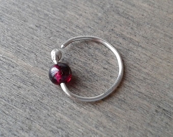 Garnet hoop earring, daith earring, hoop for cartilage piercing, silver helix orbital upper ear earring, 20 18 gauge conch jewelry