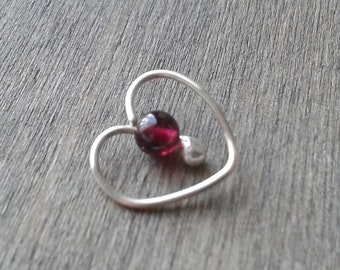 Daith earring, garnet heart earring, daith hoop, cartilage hoop, silver helix earring, piercing earring, small silver hoop cartilage jewelry