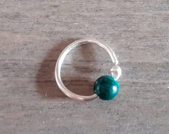 Tiny silver hoops with malachite, 20 gauge piercing earrings, rook earrings, 8 mm, 7mm forward helix eyebrow rings, cartilage jewelry