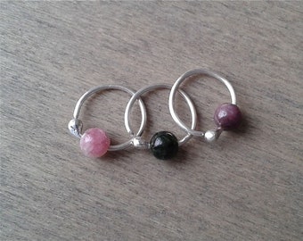 Cartilage earring, sterling silver hoop, pink black tourmaline conch, rook, helix, tragus piercing earring, snug earrings UK