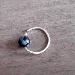 Helix earring, cartilage piercing hoop for daith, conch, tragus, septum, sterling silver earing with snowflake obsidian, volcanic glass hoop