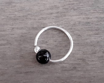 Daith earring with onyx, hoop for tragus, conch, helix, septum, cartilage piercing hoop in sterling silver 925 and black gemstone