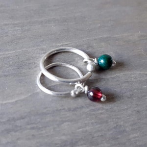 Silver hoop with gemstone charm, malachite, garnet hoop, sterling silver cartilage earring, tragus earring, helix earring, piercing jewelry