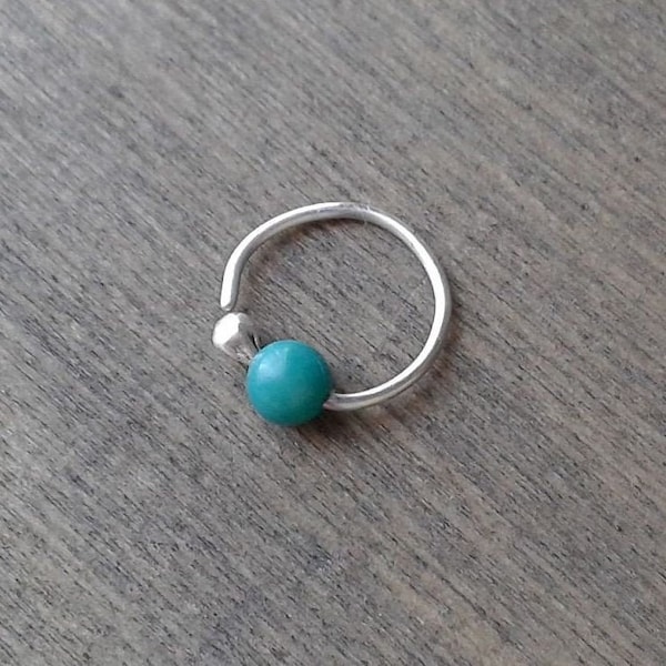 Turquoise hoop earring, silver hoop for cartilage, helix, conch, snug, upper ear, daith piercing, 20 18 16 gauge conch apatite jewelry