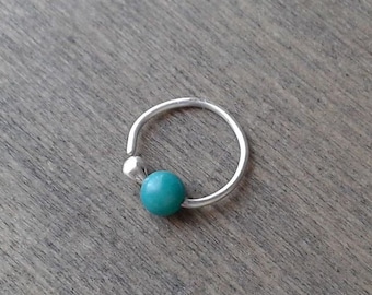 Turquoise hoop earring, silver hoop for cartilage, helix, conch, snug, upper ear, daith piercing, 20 18 16 gauge conch apatite jewelry