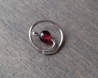 Daith spiral earring, garnet earring, beaded 18g and 20 gauge hoop, piercing earring, cartilage earring, silver daith jewelry