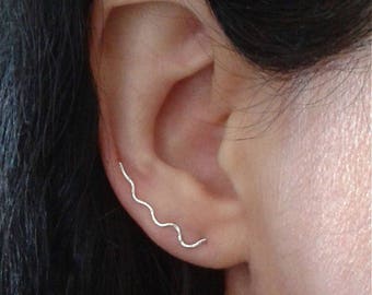 Long ear climbers, wavy hammered ear cuffs, contemporary minimalist jewelry, thin sterling silver earring cuffs, recycled ear cuff set