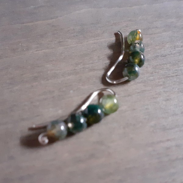 Silver ear cuffs set, green stone earrings, green moss agate ear crawlers, cool ear jackets, sterling ear climbers, eco friendly jewelry