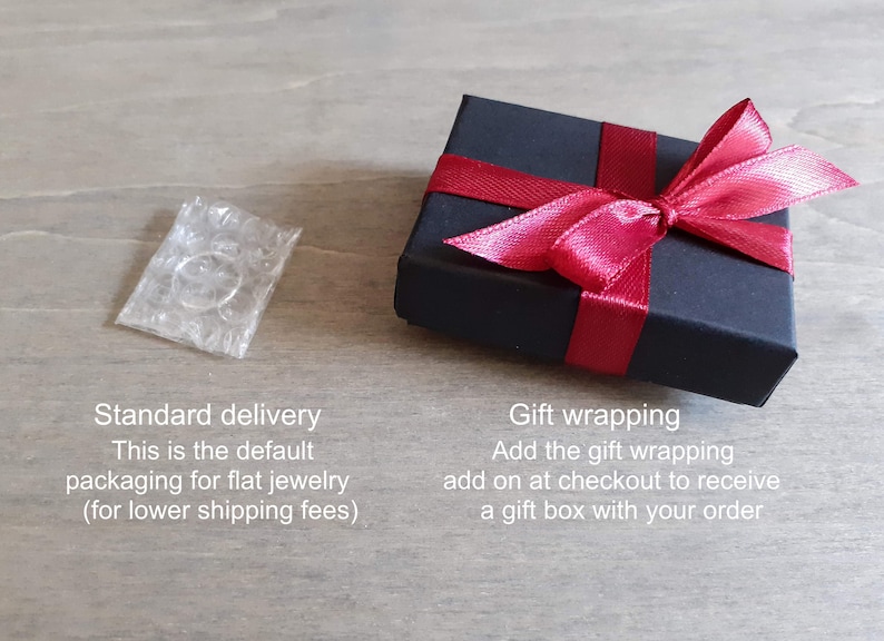 Default packaging (bubble-wrap) next to the shipping upgrade (black box with red ribbon for gift giving).