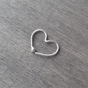 Heart hoop earring, silver wire hoop earring, 20, 18, 16 gauge sterling silver single earring for tragus, conch, daith, every day jewelry