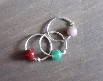 Conch, rook, helix, cartilage earring, sterling silver hoop with rose, lilac, green jasper tragus piercing earring, snug earrings UK