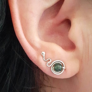 Green ear cuffs, silver ear climbers with dark green stone, cute earcuffs, jade earrings, playful moss agate jewelry for flat piercing